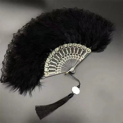 Black feather fan, 1920s hand fan, lace retro feather fan, lace feather fan, 1920s women's clothing, dance performance, wedding