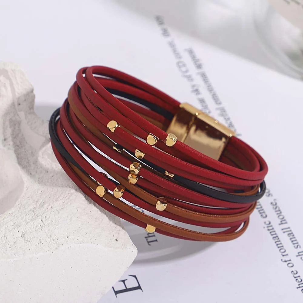 ALLYES Charm Triple Color Leather Bracelet for Women Bohemian Metal Beads Multilayer Thin Strip Wrap Bracelets Fashion Jewelry