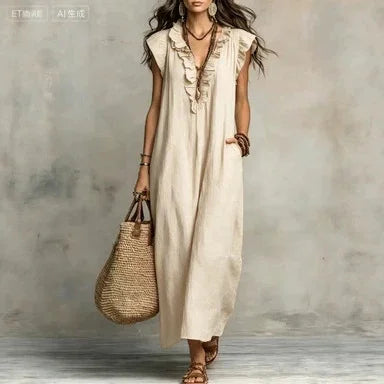 2026 Summer Women Boho Cotton Linen Maxi Dress Solid Color Ruffle V Neck Sleeveless Loose Long Dresses With Pockets Casual Beach