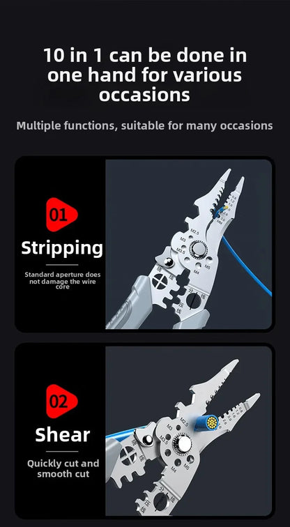Ergonomic Grip Stainless Steel Electric Plier 8.5" Multi-purpose Wire Stripping Cutting Crimping Hand Tool