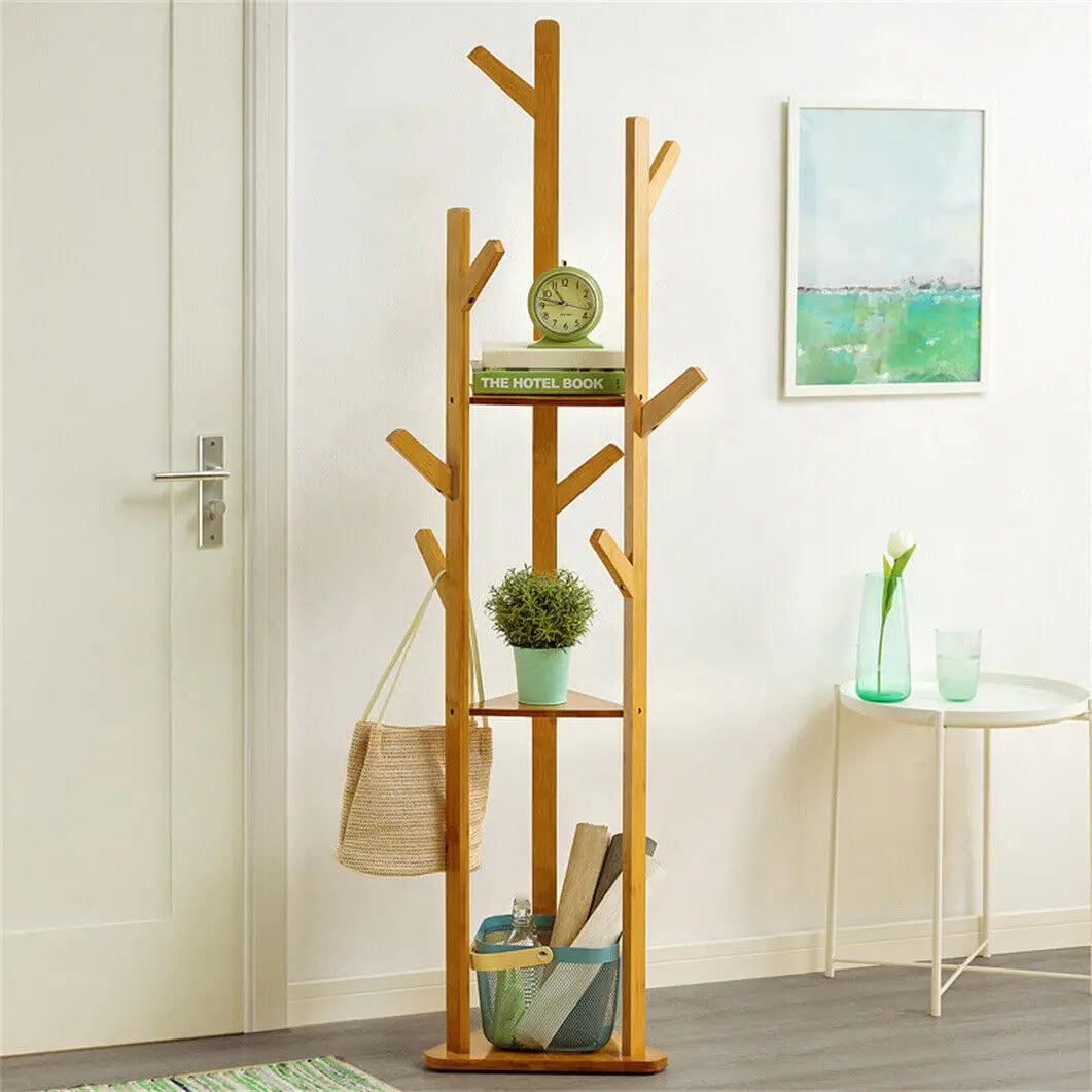 Bamboo Corner Tree Coat Rack Stand with Hooks And Shelves Clothes Hanger for Entryway Bedroom Organization