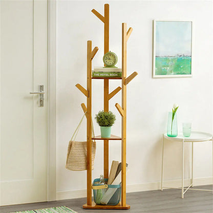 Bamboo Corner Tree Coat Rack Stand with Hooks And Shelves Clothes Hanger for Entryway Bedroom Organization