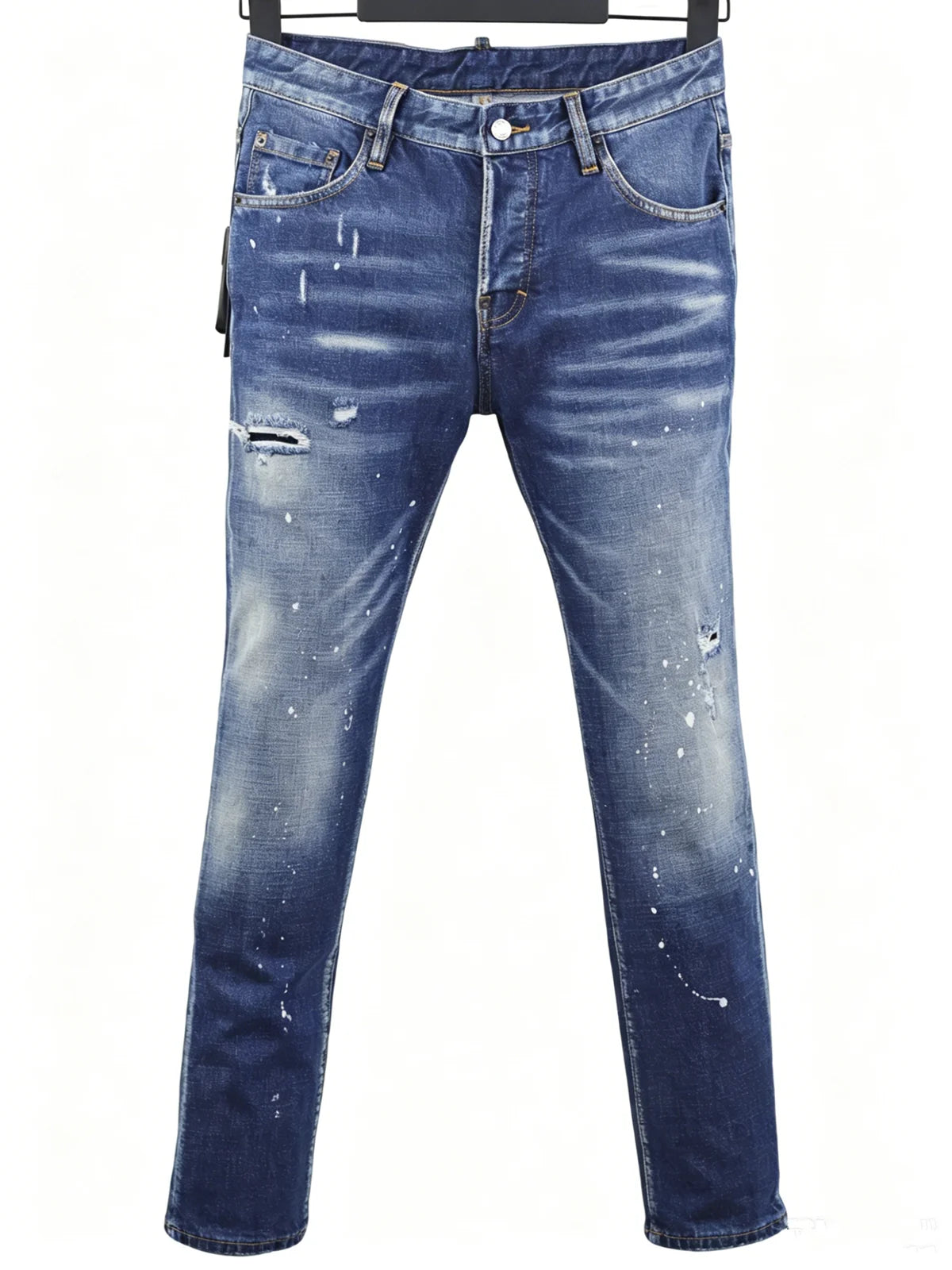 6057 Four Seasons New Men's Wear Washed Ripped Patch Paint Slim-fit Feet Blue Jeans for Men