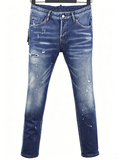 6057 Four Seasons New Men's Wear Washed Ripped Patch Paint Slim-fit Feet Blue Jeans for Men