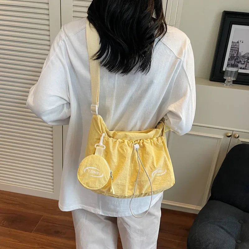 Chic Nylon Crossbody Bag Casual Drawstring Messenger Bag with Detachable Pouch, Adjustable Strap Shoulder Purse for Daily Travel