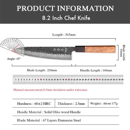 8.2" Japanese Handmade Chef Knife 67 Layer Damascus Steel Professional Kitchen Knives Sharp Slicer Vegetable Cooking Cleaver