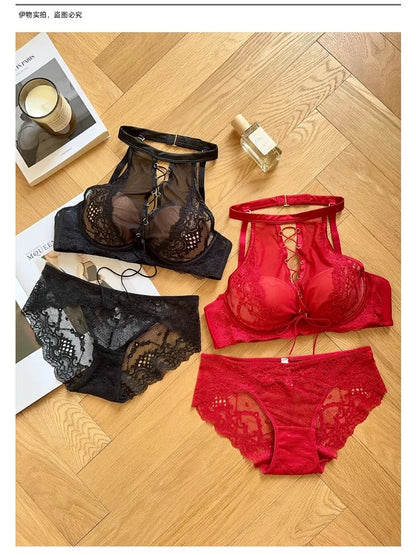 Luxury French Lace Halter Bra Small Chest Push-Up Sheer Bralette Seductive Allure Black Lingerie Set Wire-Free Comfort MOYISU AB