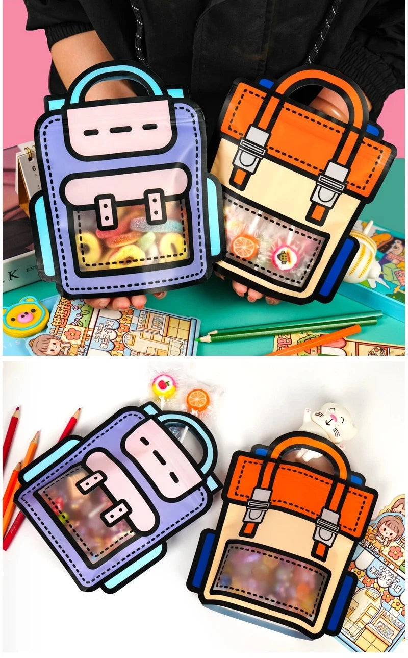 10-50 PCS Cartoon Self-Sealing Snack Bags Schoolbag Shape Biscuit Candy Handbags Children's Day Kids Birthday Gift Packaging Bag
