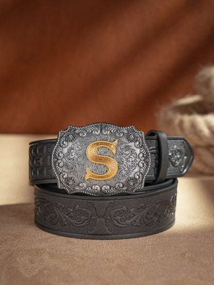 Western Cowboy PU Leather Belt - Men Waist Strap Bull Decoration Floral Engraved for Jeans
