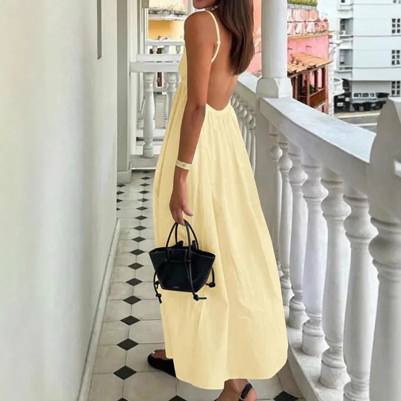 New Dresses 2025 Woman Fashion Summer Sexy Backless V-neck Skirt Holiday Solid Colours Top Clothing