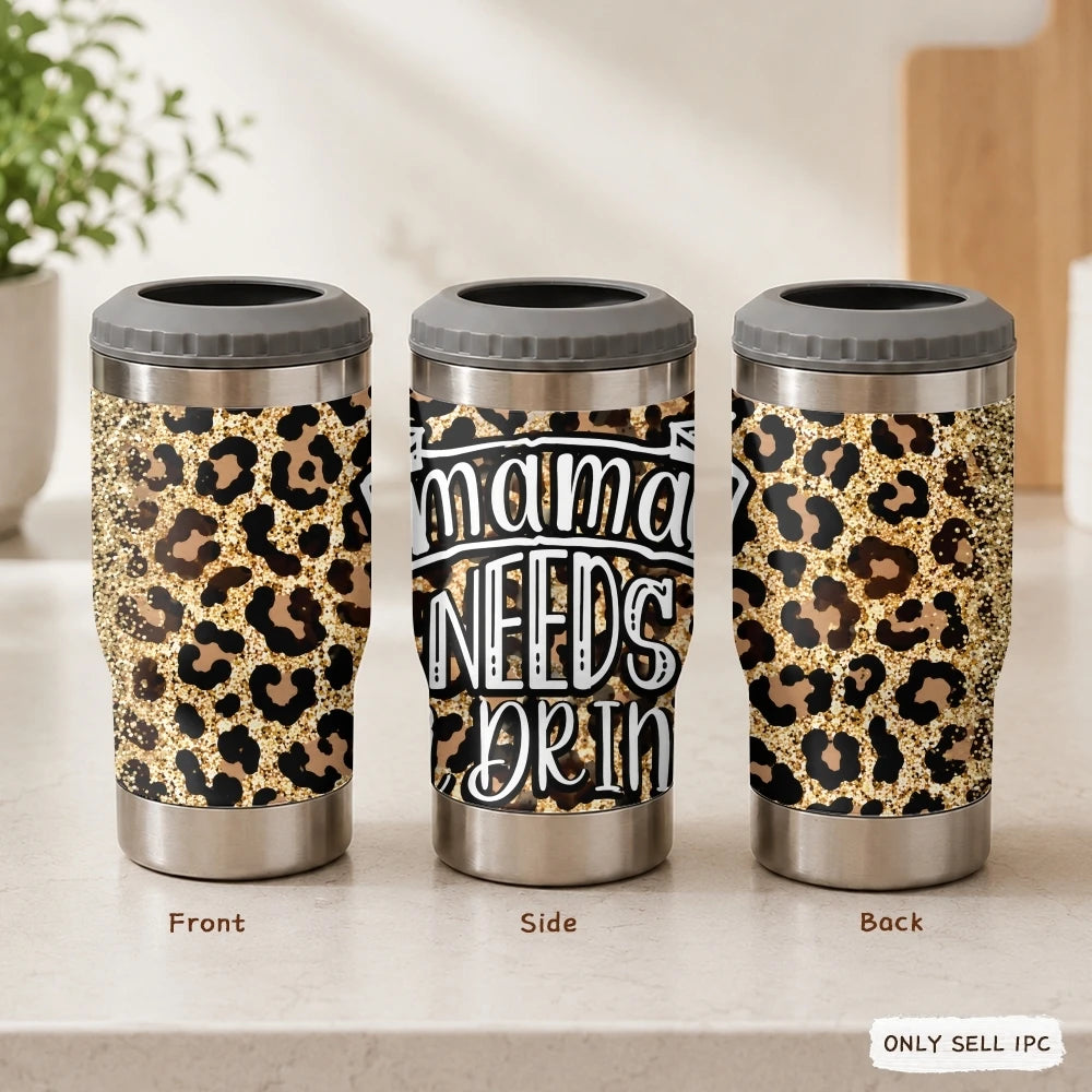 Mama Needs a Drink Leopard Vacuum Flasks 4-in-1 Stainless Steel Can Cooler Insulated Beer Soda Coffee Holder Dual Lids Fits 12oz