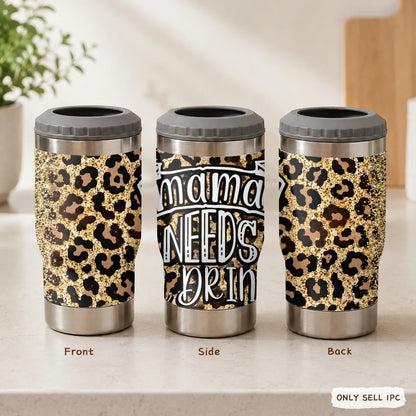 Mama Needs a Drink Leopard Vacuum Flasks 4-in-1 Stainless Steel Can Cooler Insulated Beer Soda Coffee Holder Dual Lids Fits 12oz