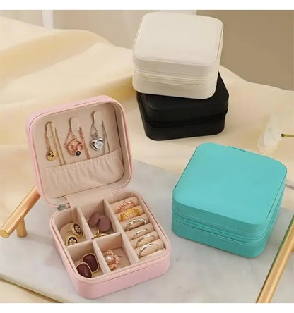 Solid Color PU Leather Material Jewelry Storage Box Travel Earrings Necklace Ring Organizer Case For Travel