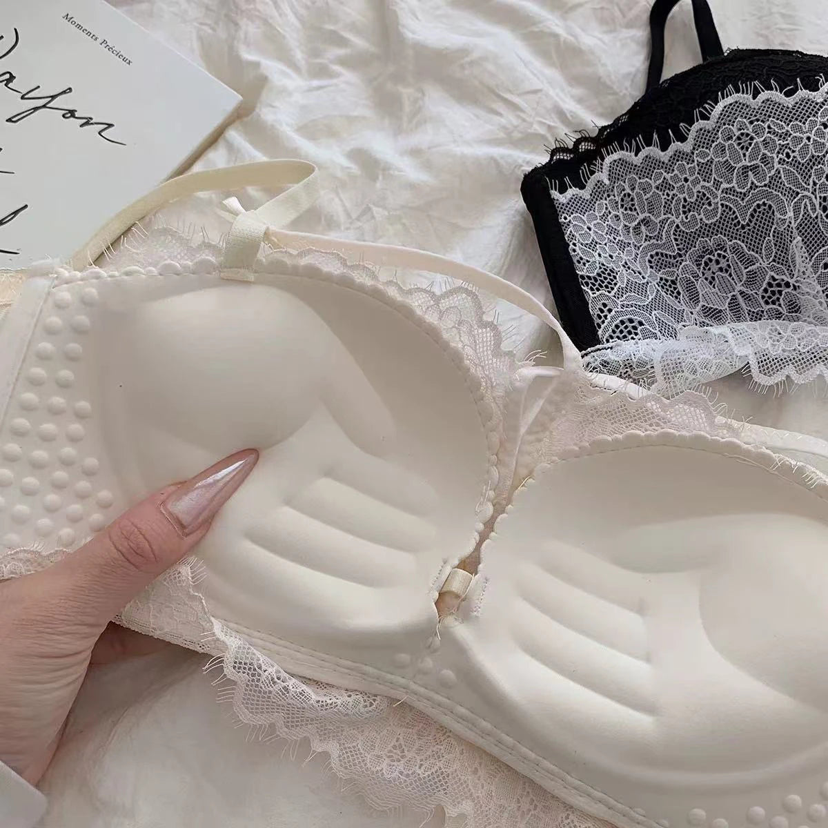 BANERDANNI Kawaii Anime Bra Set Japan Maid Lace Bralette with Thicken Pads Cut-Out Design Small Bust Enhancer Pure-Sex Underwear