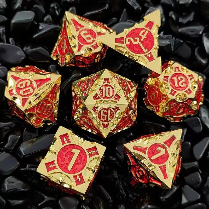 7 Pcs Cosplay D4-D20 DND Brass Gold Polyhedral Sharp Edge Casino Dice Rpg Table Board Game Tray Gem Stone Dragon Metal Steel Set