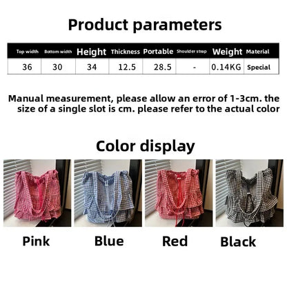 Cute Plaid Cotton Tote Bag Large Capaci Lace Trim Women's Summer 2026 Simple Lady Handbag Soft Shoulder Bags Bolsa Feminina