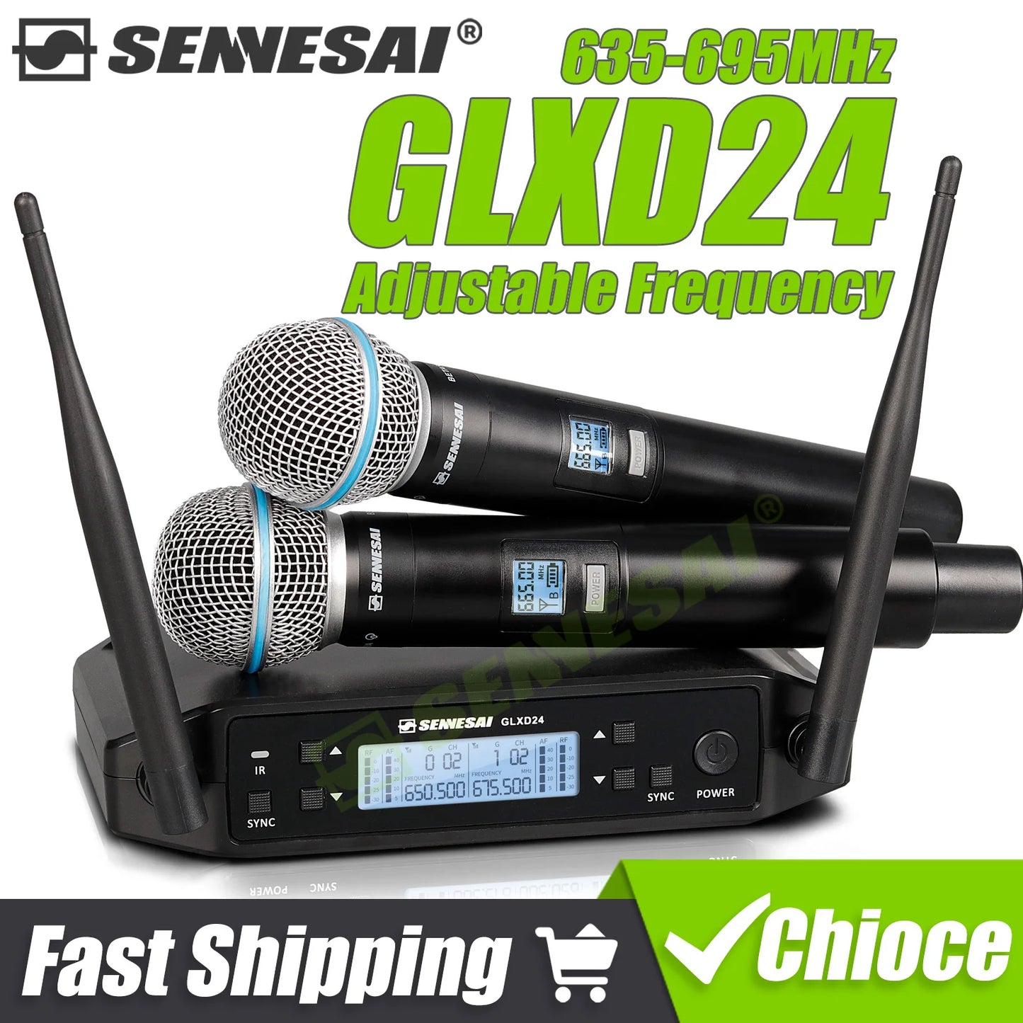 SENNESAI GLXD24 B58 Professional Dual Wireless Microphone 600-699MHz System Stage Performances UHF Dynamic 2 Channel Handheld