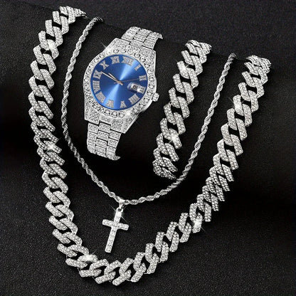 Men's Hip Hop Trendy Fashion Large Dial Diamond Inlaid Cuban Chain Watch Set