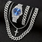 Men's Hip Hop Trendy Fashion Large Dial Diamond Inlaid Cuban Chain Watch Set