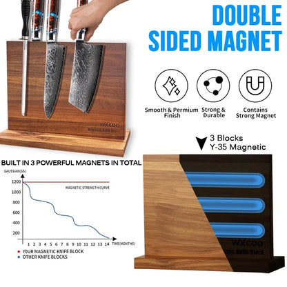 Long Magnetic Knife Block Acacia Wooden Kitchen Knife Holder Kitchen Counter Strong Enhanced Magnets Stands Storage Knife Holder