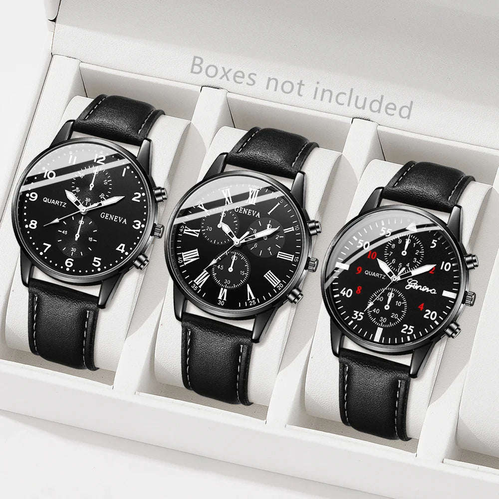 3PCS Fashion Men Business Watches Set Trend Versatile Retro Leather Strap Round Dial Quartz Watch Reloj Hombre（Without Box）