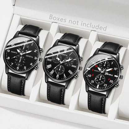 3PCS Fashion Men Business Watches Set Trend Versatile Retro Leather Strap Round Dial Quartz Watch Reloj Hombre（Without Box）
