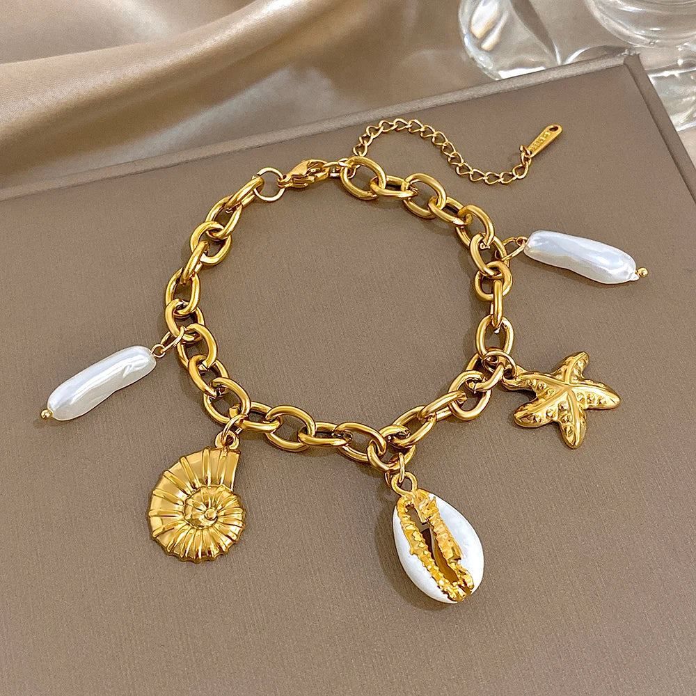 Fashion Gold Plated Stainless Steel Chain Bracelet for Women Cute Star Heart Cherry Tassel Charms Bracelets Waterproof Jewelry