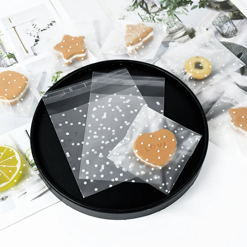 100pcs Plastic Transparent Cellophane Bags Polka Dot Candy Cookie Gift Bag Self Adhesive Candy Bags for Wedding Birthday Party
