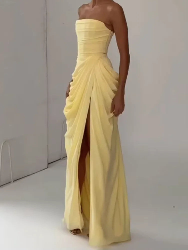 Lady Sexy Strapless Split Solid Pleated Dress Women Chic Backless High Waist Off-shoulder Dresses 2026 New Evening Party Gowns