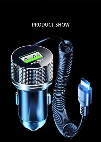 Ładowarka samochodowa EDEBA Metal USB z kablem Type-C 12 V Super szybkie ładowanie, adapter samochodowy 2 w 1 do iPhone'a, Samsunga, Huawei, VIVO, OPPO