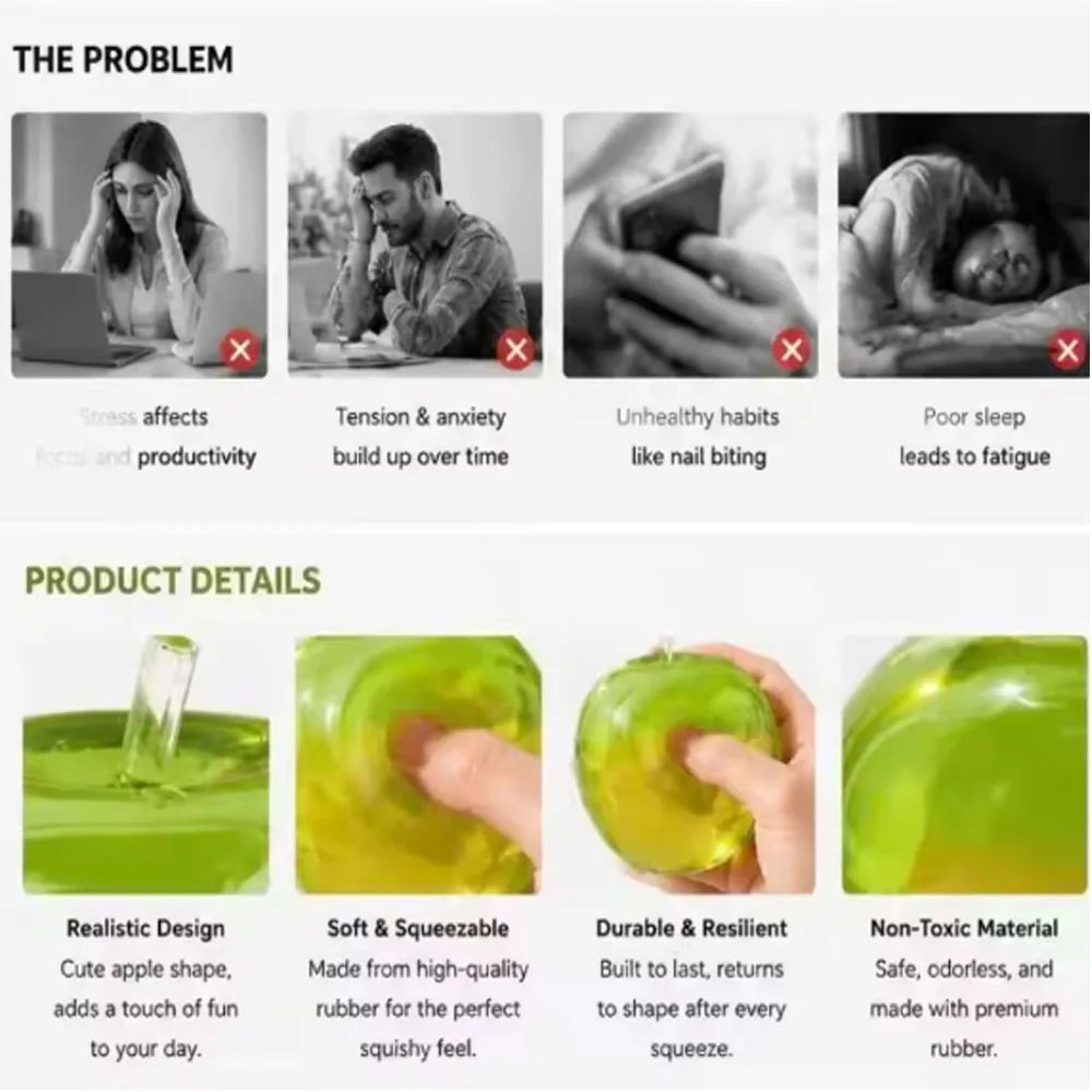 @Squishy Green Apple Stress Ball Soft Fidget Sensory Toy for ADHD Autism Slow Rebound Squeeze Toy for Adults Kids Christmas Gift