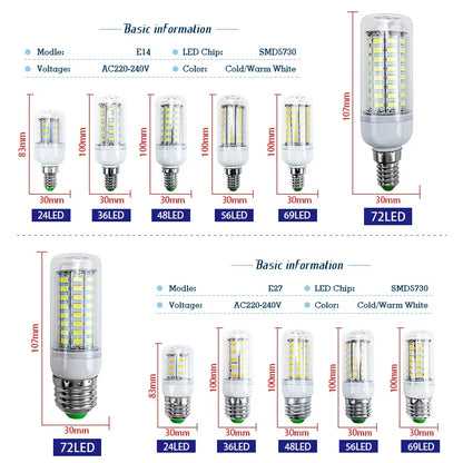 LED Bulb Lamp E27 E14 220V Corn Light Bulbs 24 36 48 56 69 72Leds 5730SMD Lampada Led Diode Lamps Energy Saving Lights for Home