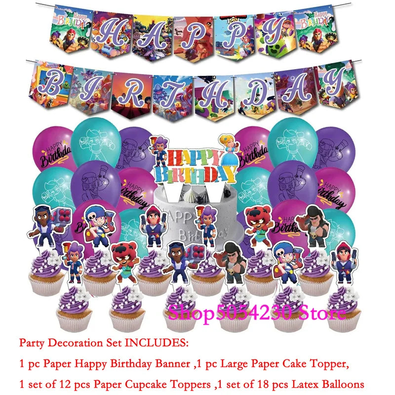 Brawl Stars Happy Birthday Party Supplies Set Cartoon Game Theme Tableware, Paper Plates & Backdrop Decorations for Celebrations