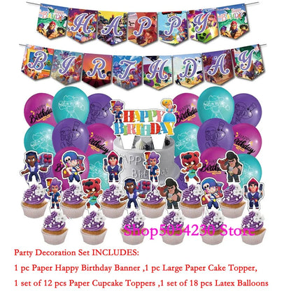 Brawl Stars Happy Birthday Party Supplies Set Cartoon Game Theme Tableware, Paper Plates & Backdrop Decorations for Celebrations