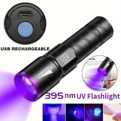 395nm LED UV Flashlight Rechargeable Zoomable Torch Light for Pet Urine Stain Detector Tools Lantern Money Fluorescer Detector