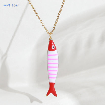 Cute Colorful Enamel Fish Pendant Necklaces For Women Girls Lovely Stainless Steel Gold Color Summer Waterproof Beach Jewelry