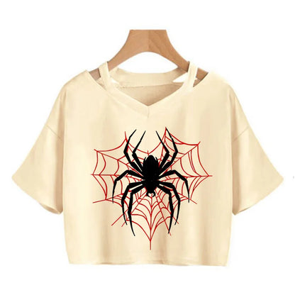 Women 's Sexy Cropped T Shirt Woman Graphic Gothic Spider Printed Tshirt Spring Summer Vintage Crop Tops 90s Clothes
