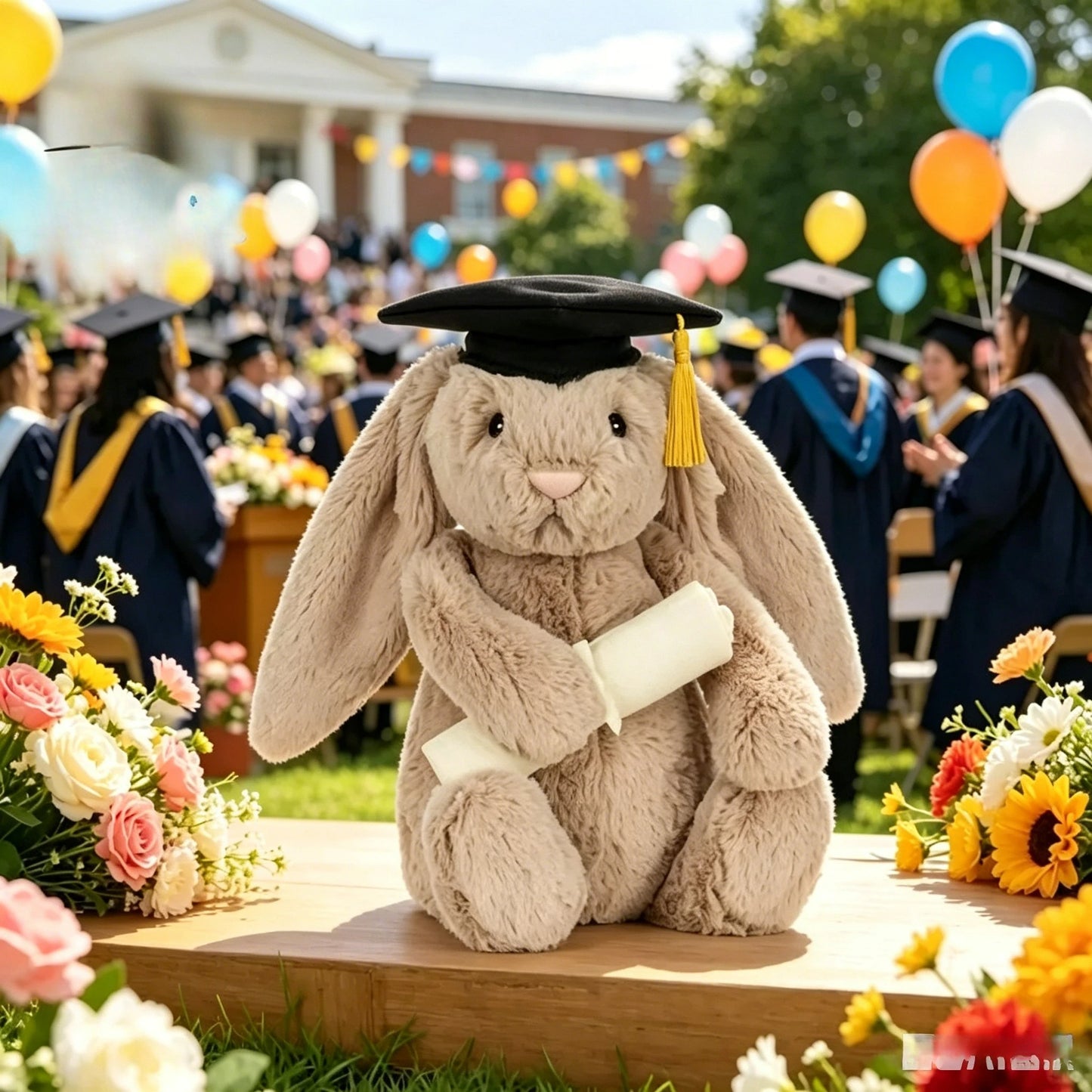 Shy Bunny Graduation Outfit Graduation season Bonnie Rabbit Plush Toy with Floral Ears Kawaii Stuffed Doll Birthday Gift Room