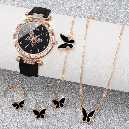 6PCS/Set Women's Watch Fashion Rhinestone Leather Band Quartz Watches Butterfly Jewelry Set(Without Box)