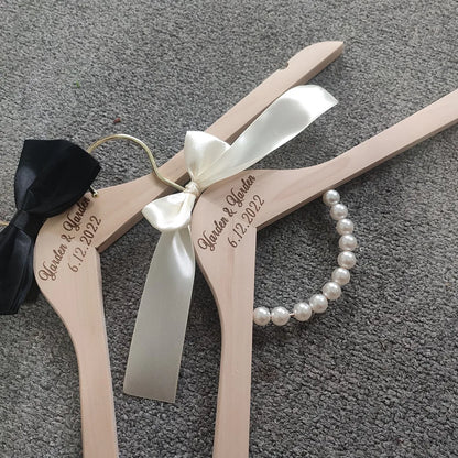 Wood Wedding Hanger, Personalized Bridal Dress Hanger Custom Name Hanger Set for Bride and Groom