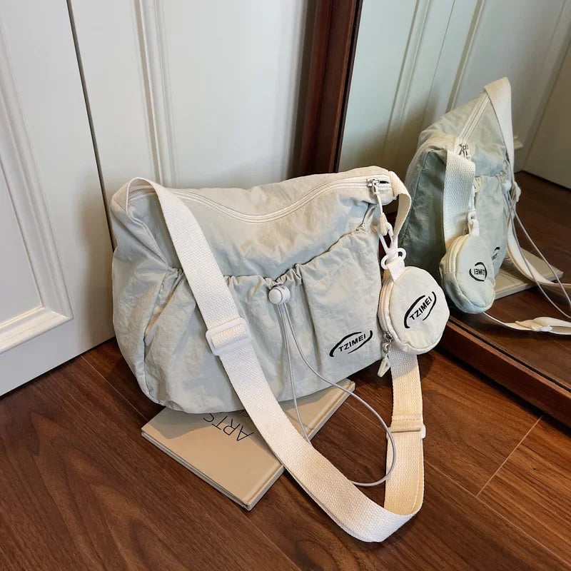 Chic Nylon Crossbody Bag Casual Drawstring Messenger Bag with Detachable Pouch, Adjustable Strap Shoulder Purse for Daily Travel