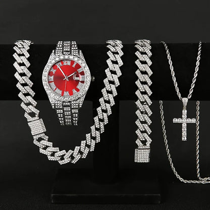4PCS Luxury Rhinestone Men Quartz Watch Hip-pop Jewelry Set Fashion Roma Dial Calendar Quartz Wristwatch（Without Box）