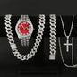 4PCS Luxury Rhinestone Men Quartz Watch Hip-pop Jewelry Set Fashion Roma Dial Calendar Quartz Wristwatch（Without Box）