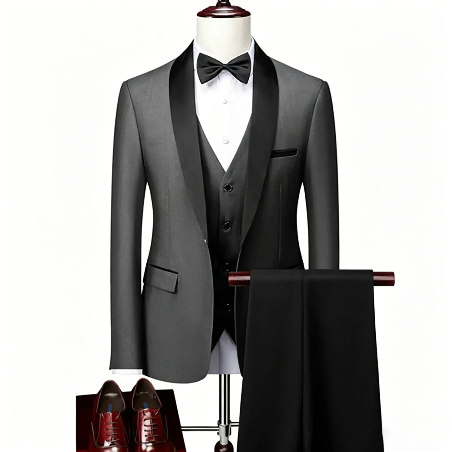 ( Jacket + Vest + Pants ) Men's 3 Piece Tuxedo Suit Set, Beige Blazer with Black Shawl Lapel for Wedding, Groom, Formal Party