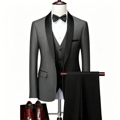 ( Jacket + Vest + Pants ) Men's 3 Piece Tuxedo Suit Set, Beige Blazer with Black Shawl Lapel for Wedding, Groom, Formal Party