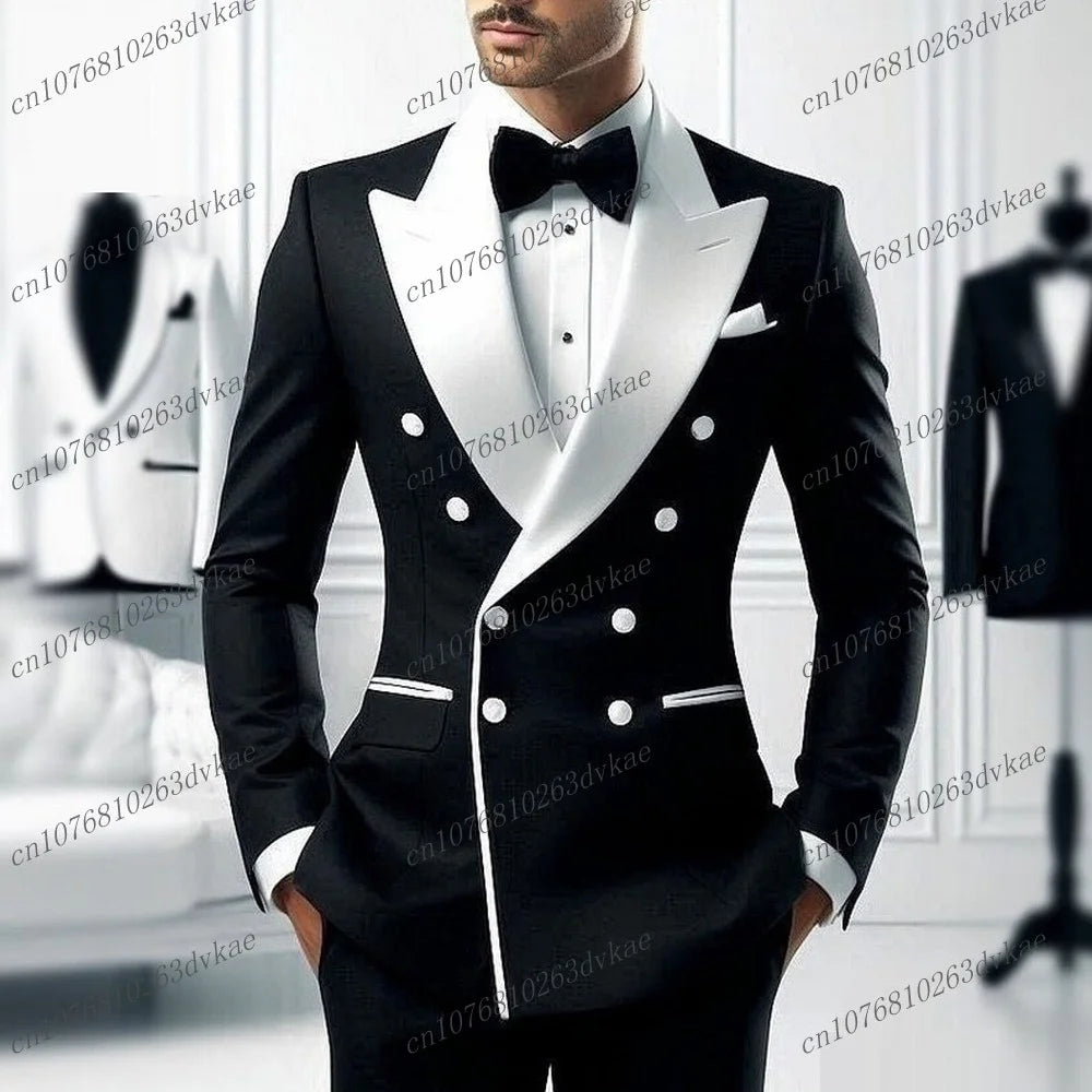 2-Piece Men's Casual Smolking Set with White Lapel Blazer And Black Pants Wedding Groomsmen Suit for Ceremony And Festa
