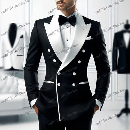 2-Piece Men's Casual Smolking Set with White Lapel Blazer And Black Pants Wedding Groomsmen Suit for Ceremony And Festa