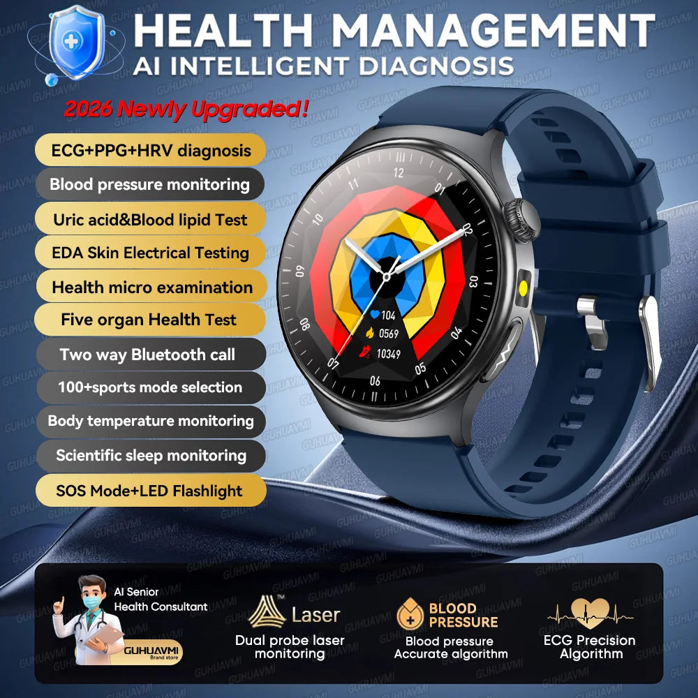 2026 New AI-Diagnosis Care Smartwatch ECG+PPG Accurate Uric Acid Blood Pressure Body Fat Five Organ Fitness Waterproof Smartwatc