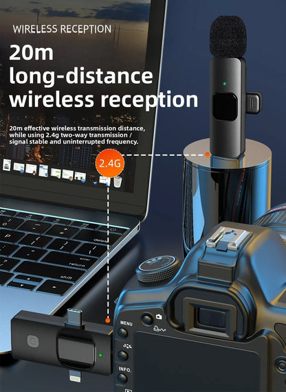 Wireless Lavalier Microphone 1 to 2 with Reverb Monitor Auto Noise Reduction for Video Live Streaming Vlog