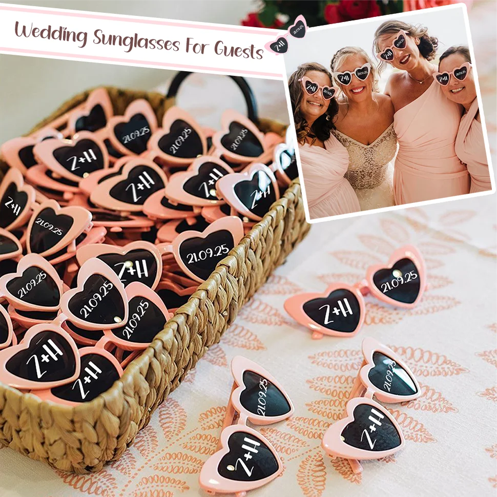 12-120Pcs Custom Wedding Sunglasses Personalised Heart Shaped Sunglasses Wedding Party Favors for Guest Date Initials Custom